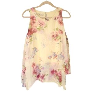 Italian Silk Blend Sleveless Layered Top Pale Yellow Floral Print